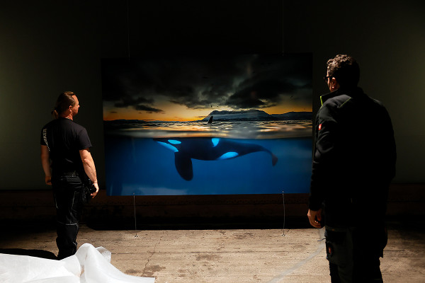 Ein ausgepacktes Foto wird von zwei Mitarbeitern begutachtet und auf Transportschäden untersucht