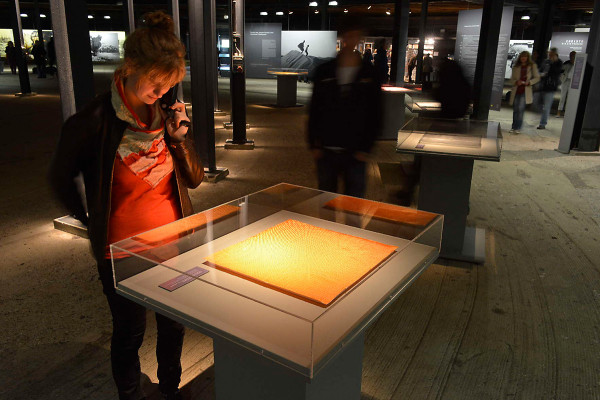 Besucherin schaut in eine Vitrine